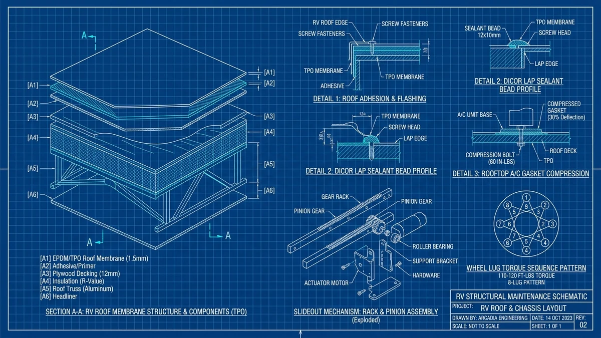 Thor Motor Coach TPO Roof Membrane, Dicor Lap Sealant & Slideout Mechanism CAD Blueprint Schematic