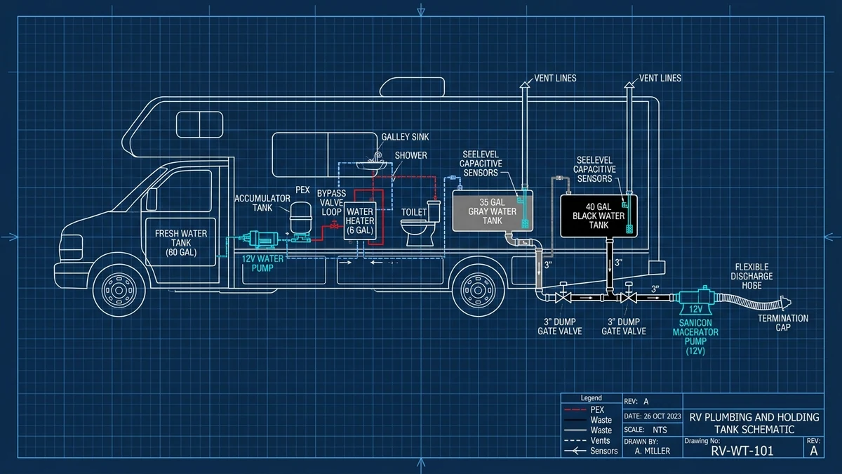 Thor Motor Coach Plumbing & Waste Tank System CAD Schematic Blueprint